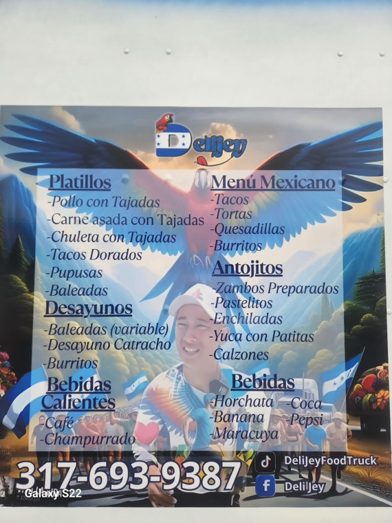 DeliJey's painted menu board: Platillos, Desayunos, Bebidas Calientes, Menú Mexicano, Antojitos and Bebidas, with the DeliJey macaw logo and the phone number 317-693-9387